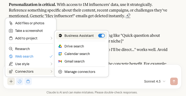 Business Helper connector setup in Claude